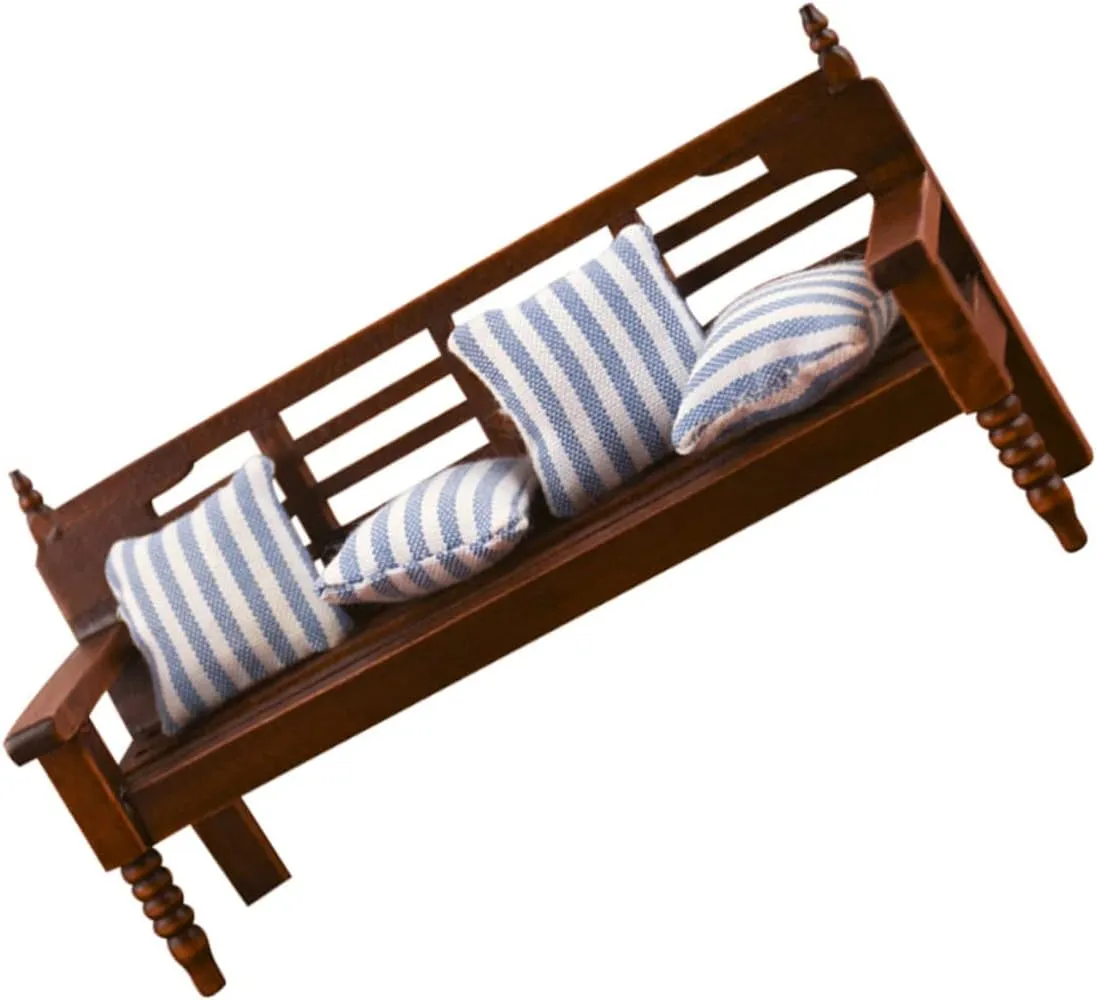 1 Set Mini Wooden Bench Model with Mini Cloth Pillow Delicate Dollhouse Decor for Craft Projects and Photo Props
