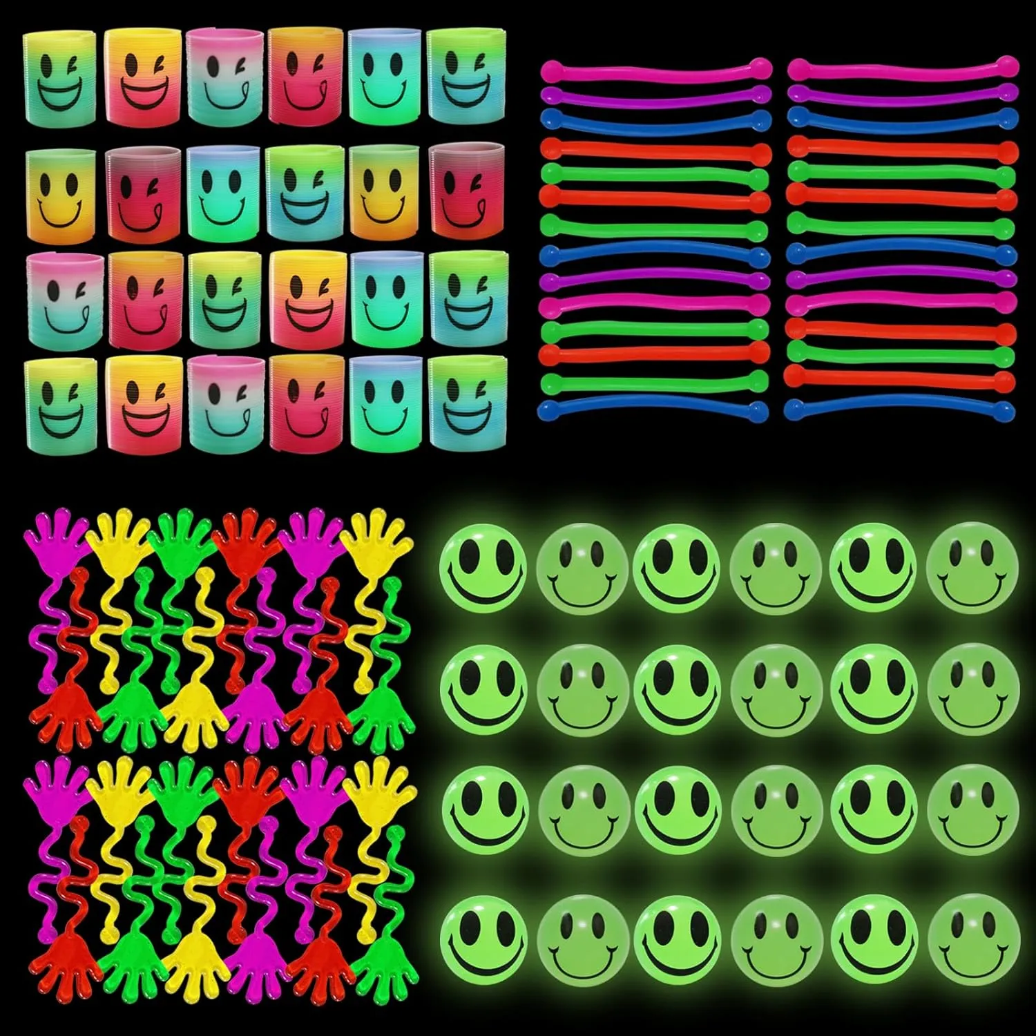 100 Pcs Glow in The Dark Toys - 24 Bouncy Balls, 24 Coil Spring, 24 Sticky Hands, 28 Sensory Stretchy Strings, Goodie Bags Stuffers for Birthday Party, Classroom Prizes , Small Bulk Toys Gifts