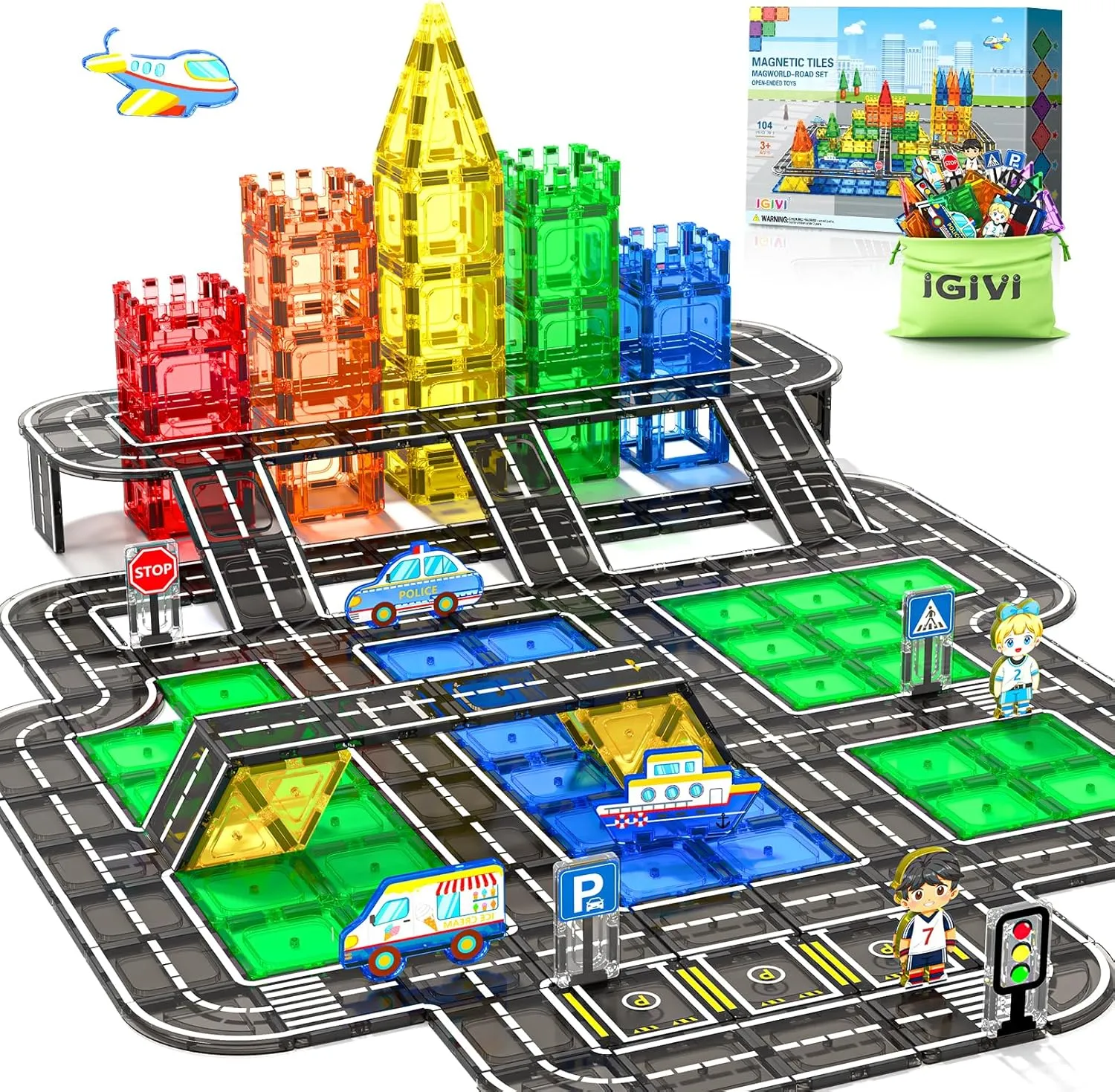 104 PCS Magnetic Tiles Road Set, STEM Magnet Building Blocks for Kids Toddler Toys Games, Christmas Birthday Gifts for 3  Year Old Boys Girls, Car Enthusiasts and Classroom Must Haves