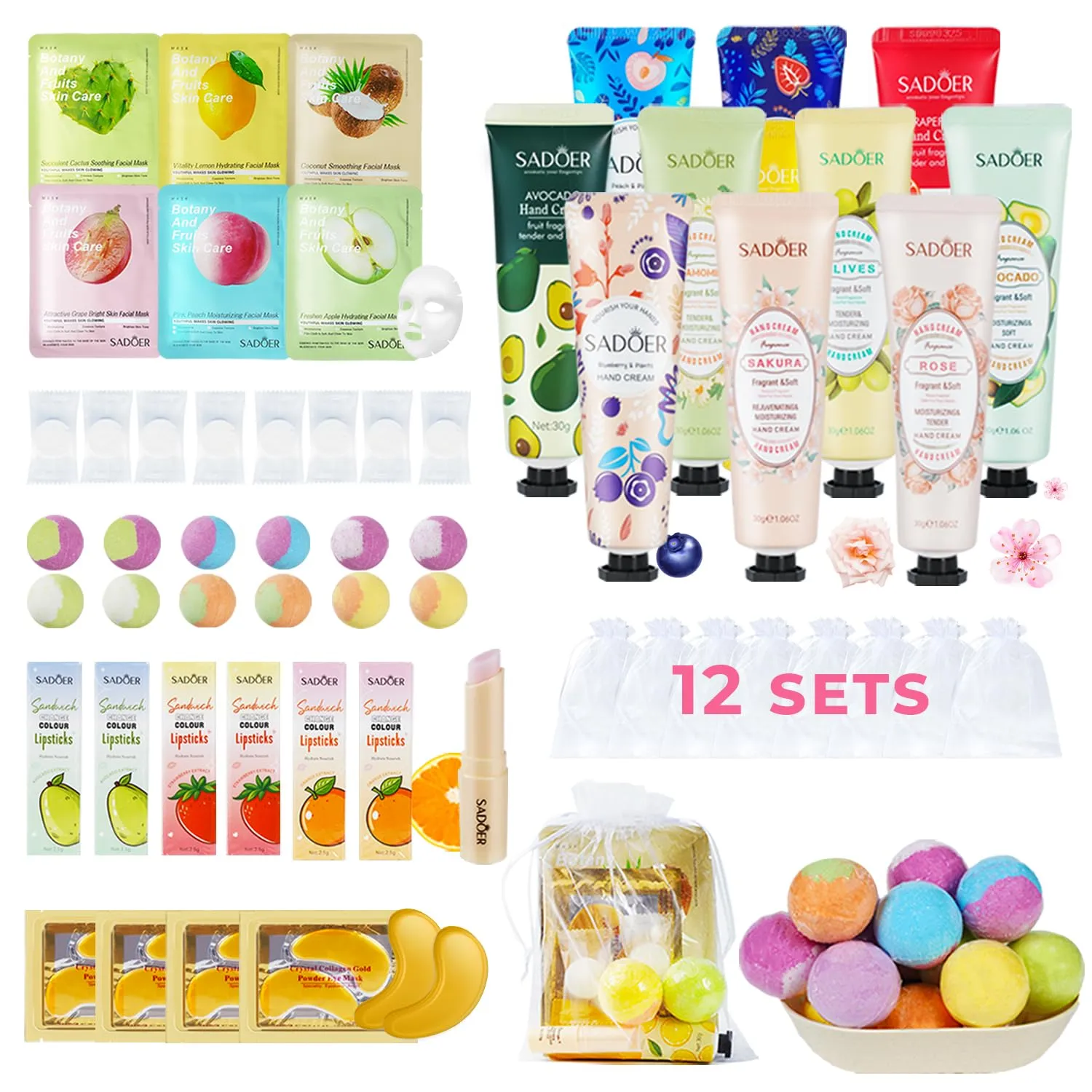 108 Piece Girls Spa Party Supplies Set , Face Masks, Hand Creams, Eye Patches, Bath Bombs, Lip Balms, 12 Person Kit
