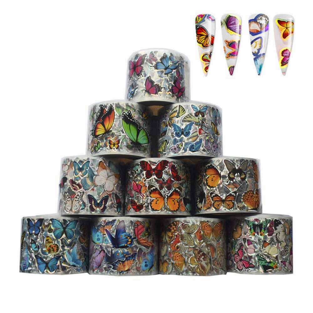 10 Rolls Laser Butterfly Nail Foil Set 50M×4CM 3D Holographic Sticker Foil Colorful Transfer Polishing Nail Sliders Decals Paper