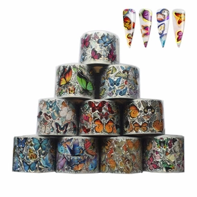 10 Rolls Laser Butterfly Nail Foil Set 50M×4CM 3D Holographic Sticker Foil Colorful Transfer Polishing Nail Sliders Decals Paper