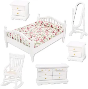 1:12 Scale Dollhouse Furnitures, Mini Furniture Double Bed Long Mirror Bedside Table Chair Cabinet Doll House Accessories(6 Kits)