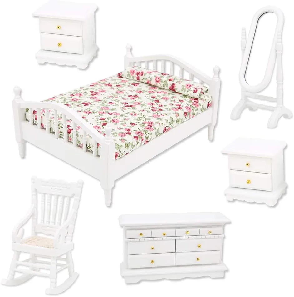 1:12 Scale Dollhouse Furnitures, Mini Furniture Double Bed Long Mirror Bedside Table Chair Cabinet Doll House Accessories(6 Kits)