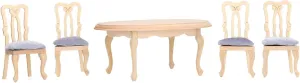 1:12 Scale Dollhouse Table and Chair Set, Wooden Miniature Furniture, Glossy Finish, for Dollhouse Decor or Gifting, Includes 1 Table, 4 Chairs and Cushions