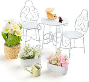 1/12 Scale Dollhouse Table Chair Sets, 9Pcs Metal Miniature Patio Sets, Dollhouse Fairy Garden Bistro Outdoor Furniture Accessories with Jasmine, Daisies, Squirrel and Kettle