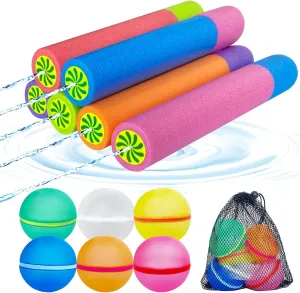 12 Pack Water Gun Blaster&Water Balloons Set,6 Squirt Gun,6 Magnetic Reusable Water Balloons for Pool Noodles Outdoor Water Toys