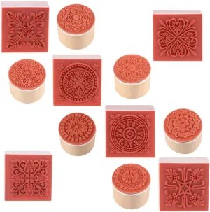 12 Pcs Wooden Stamps Floral Pattern Rubber Stamp Circles and Squares Decorative Rubber Wooden Stamps for DIY Craft Card and Scrapbooking