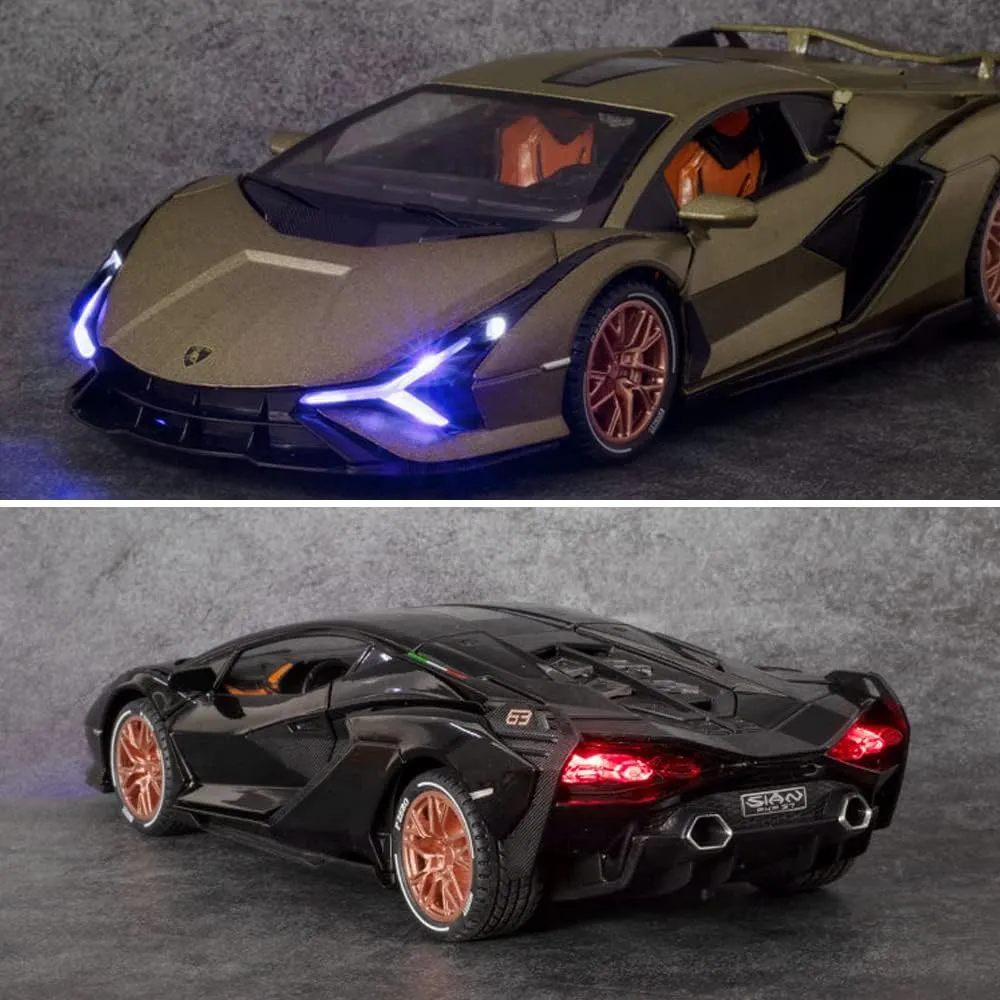 1/24 Diecast Car Toys for Kids, Zinc Alloy Lambo Sian FKP 37 Model Toy Car with Light and Sound, Pull Back Vehicles Toy Car for Toddlers Boys Girls Birthday Gift (Black)