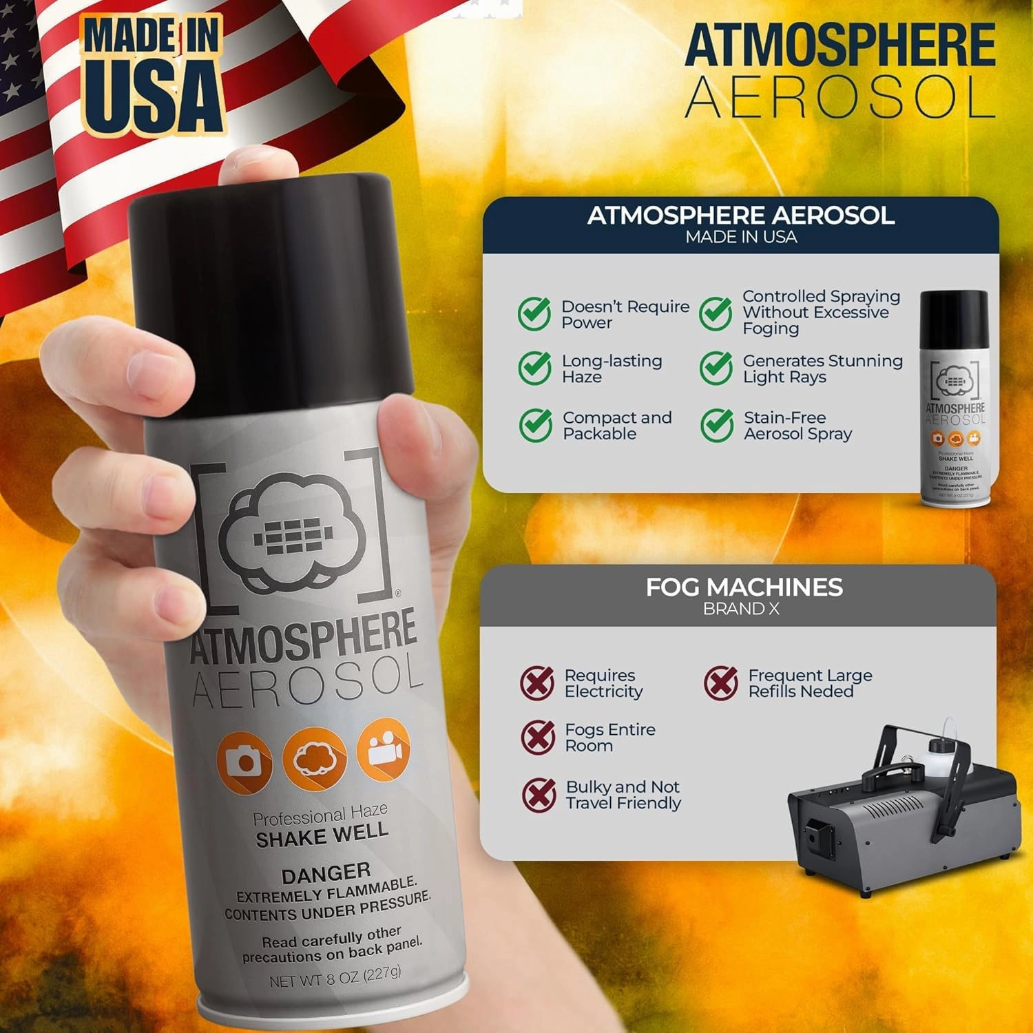 12 Pack Atmosphere Aerosol Haze/Fog Spray for Photography - Safe & Portable Mini Fog Machine Alternative - Smoke and Light Ray Effects Maker for Indoor and Outdoor, No Battery - Made in The USA