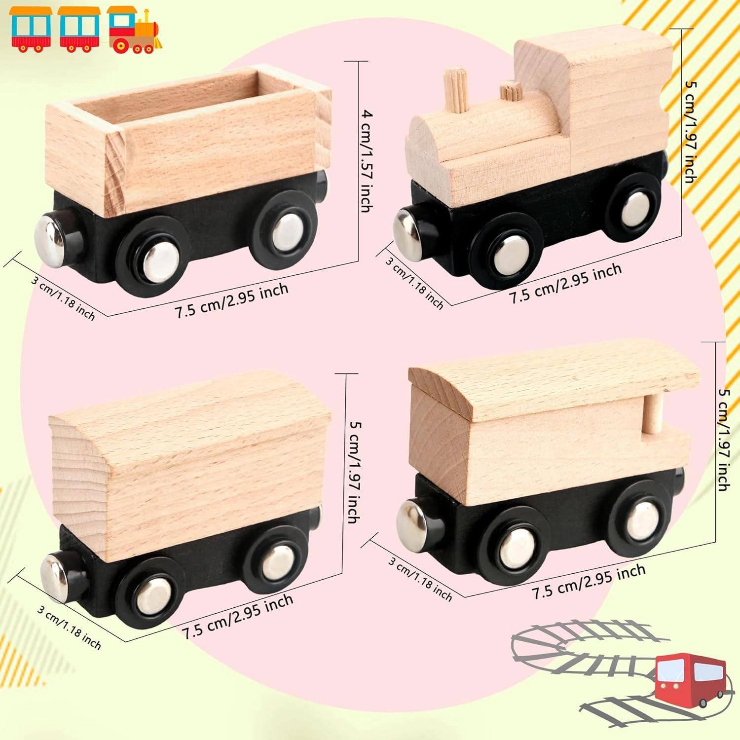 12 Pcs Wooden Trains Toys Unpainted Wood Train Cars Weak Magnetic Suction Paintable Wooden Railway for Kids Educational Toys Birthday Christmas Party Gifts (Style Set 3)