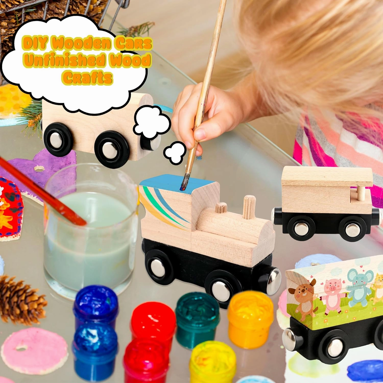 12 Pcs Wooden Trains Toys Unpainted Wood Train Cars Weak Magnetic Suction Paintable Wooden Railway for Kids Educational Toys Birthday Christmas Party Gifts (Style Set 3)