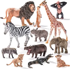 12PCS Large Solid Safari Animals Figures Toys, Realistic Jungle Wild Animal Figurines Includes Lion,Tiger,Crocodile Toys for Toddlers Kids 3-5 Years Old, Birthday Gift Party Favors for Kids