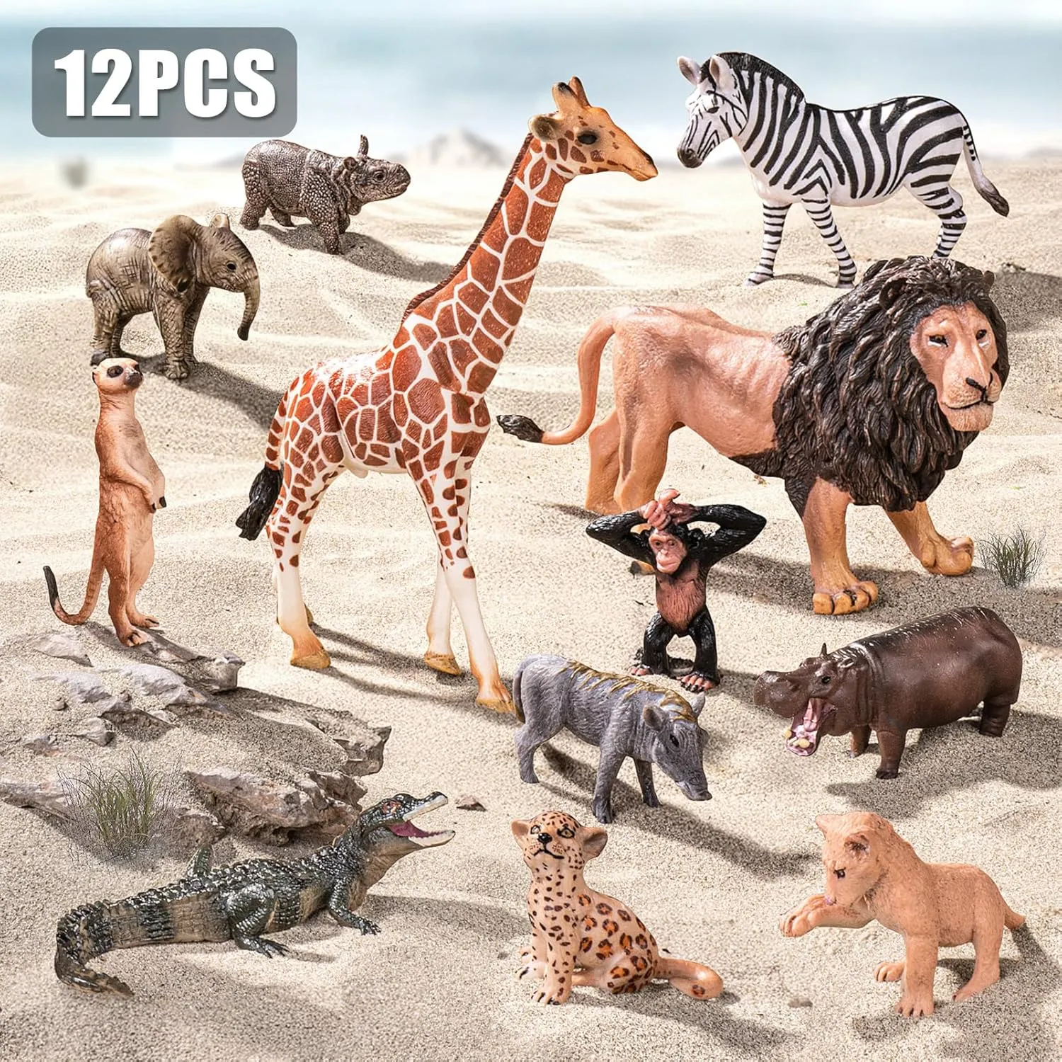 12PCS Large Solid Safari Animals Figures Toys, Realistic Jungle Wild Animal Figurines Includes Lion,Tiger,Crocodile Toys for Toddlers Kids 3-5 Years Old, Birthday Gift Party Favors for Kids