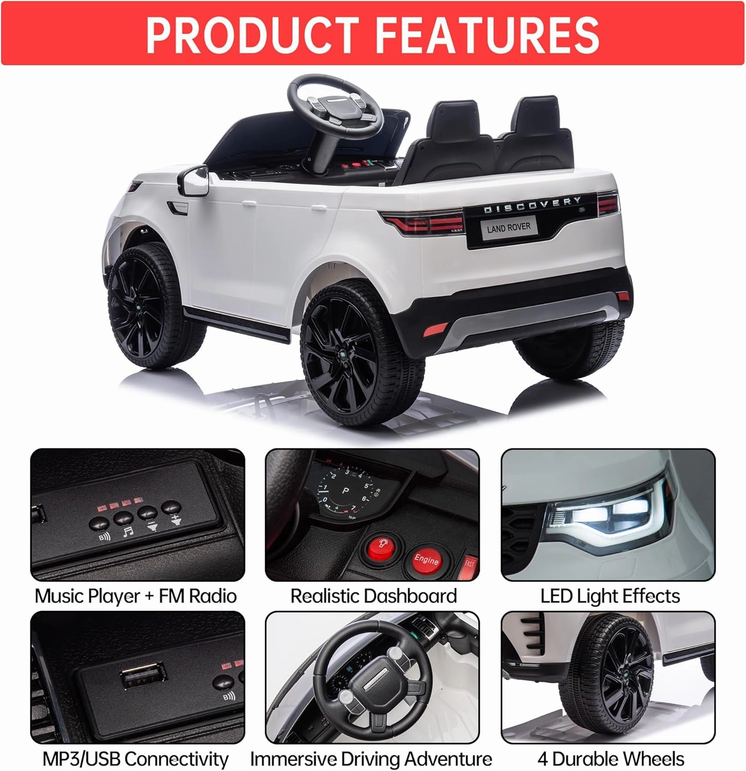12V Kids Ride On Car,Licensed Land Rover Style, 4.5Ah Battery, 2 Motors, 3 Speed Modes, Safety Features,White