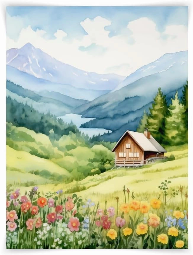 12x16 Austrian Chalet Watercolor Print, Alpine Cabin Landscape Art, Austrian Countryside Decor, UNFRAMED