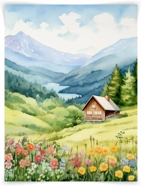 12x16 Austrian Chalet Watercolor Print, Alpine Cabin Landscape Art, Austrian Countryside Decor, UNFRAMED