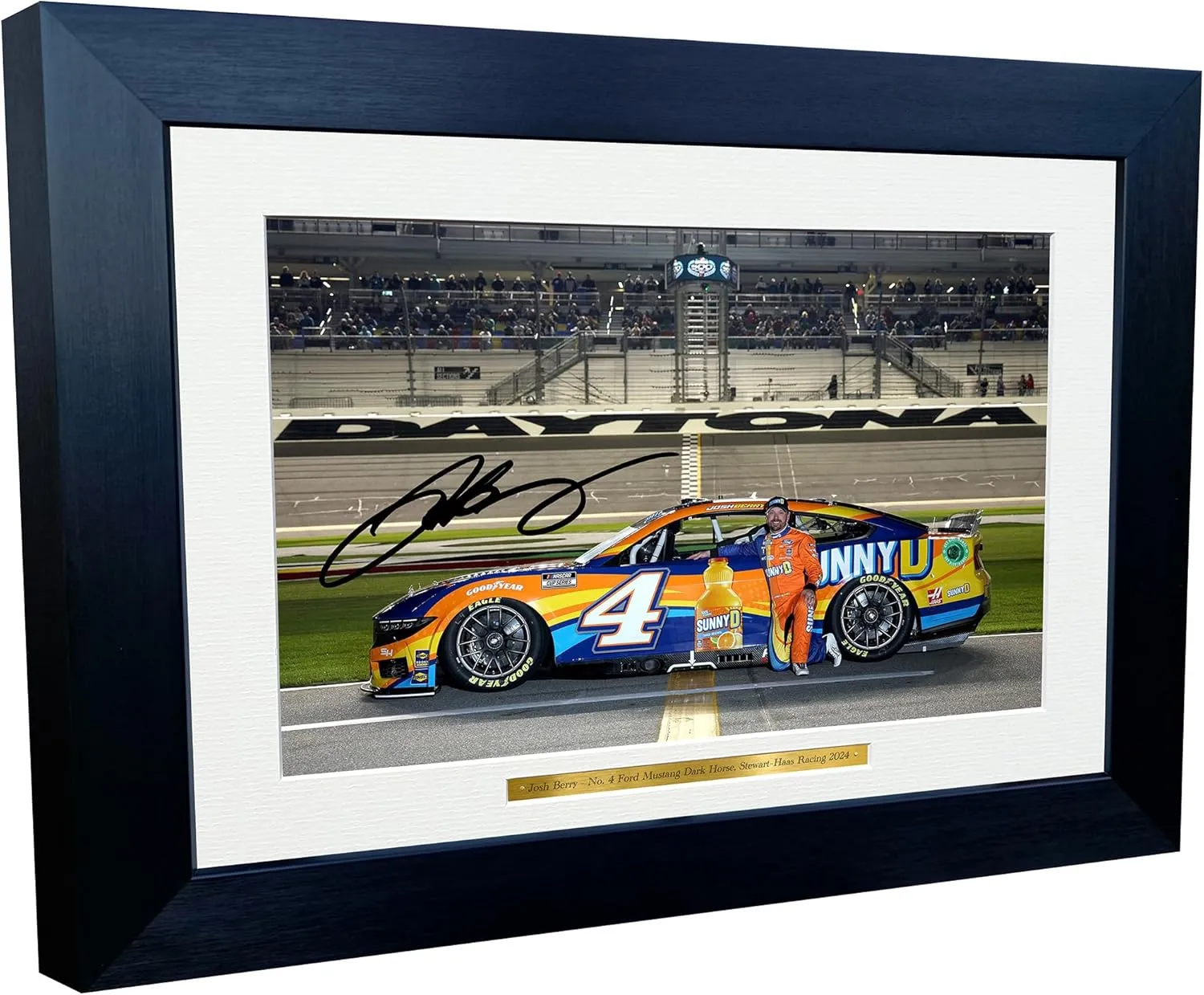 12x8 A4 Josh Berry 2024 Daytona NASCAR Cup Series No. 4 Ford Mustang Dark Horse for Stewart–Haas Racing Signed Autographed Signature Photo Photograph Picture Frame Poster Celebration Gift