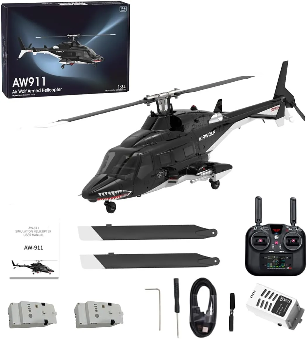 1/34 AW-911 RC Helicopter for Adults, 2.4G 9CH Flybarless Military Remote Control Helicopter with GPS Positioning, 2 Batteries, 6G/3D Stunt RC Aircraft Model Toy Gift -RTF