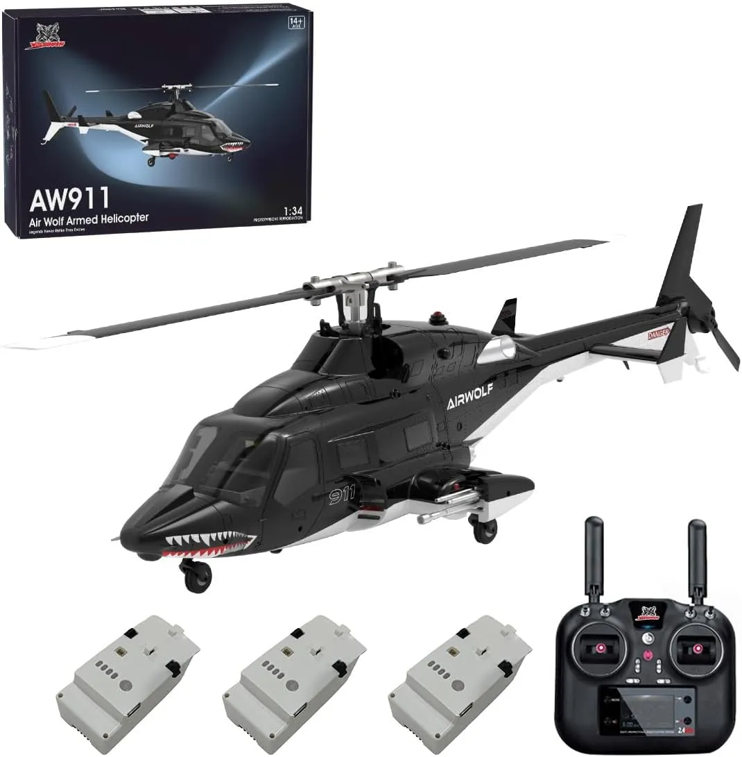 1/34 Scale AW-911 Air-Wolf RC Helicopter, 2.4G 9CH Flybarless, 6G/3D Stunt Mode and GPS Positioning, RC Toy Gift (RTF Version/Switchable Mode)