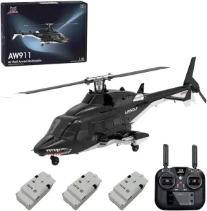 1/34 Scale AW-911 Air-Wolf RC Helicopter, 2.4G 9CH Flybarless, 6G/3D Stunt Mode and GPS Positioning, RC Toy Gift (RTF Version/Switchable Mode)