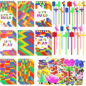 148Pcs Building Block Party Favors Set - 24 Block-Themed Notebooks, 24 Decorative Pens, 100 Stickers for Kids Building-Themed Birthday Party Classroom Prizes Supplies