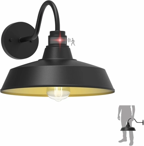 14.5" Dome Gooseneck Barn Light, Outdoor Anti-Rust&Waterproof Farmhouse Wall Sconce, Outdoor Wall Lanterns for Porch/Patio, E26 Base 100W Max(Black 1-Pack Motion Sensor Outdoor Lights)