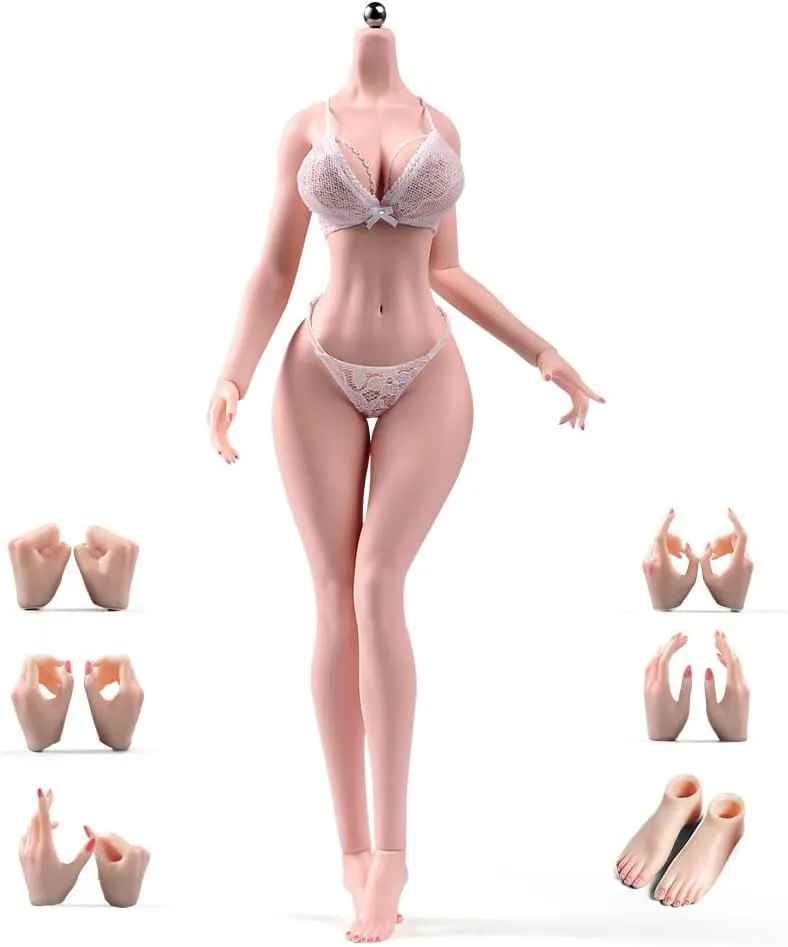 1/6 Scale Female Body 12inch Super Flexible Pale Skin Plump Makeup Body with Detachable Feet Stainless Steel Skeleton Miniature Soldier Action Figure Model Doll