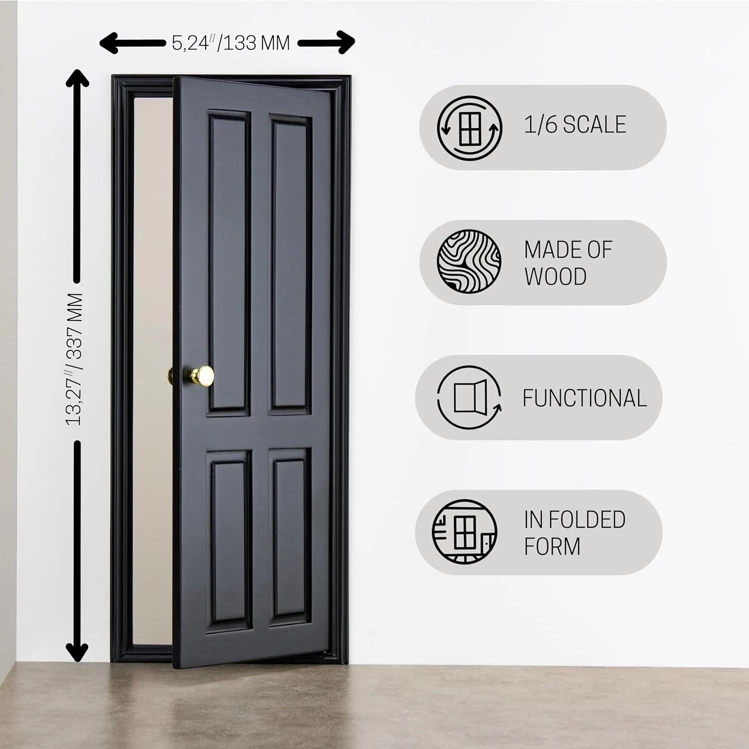 1/6 Scale Wooden Dollhouse 4 Panel Door – 4-Panel Design with Handles – Classic Design – Easy Installation– Multiple Colors Available (Black)
