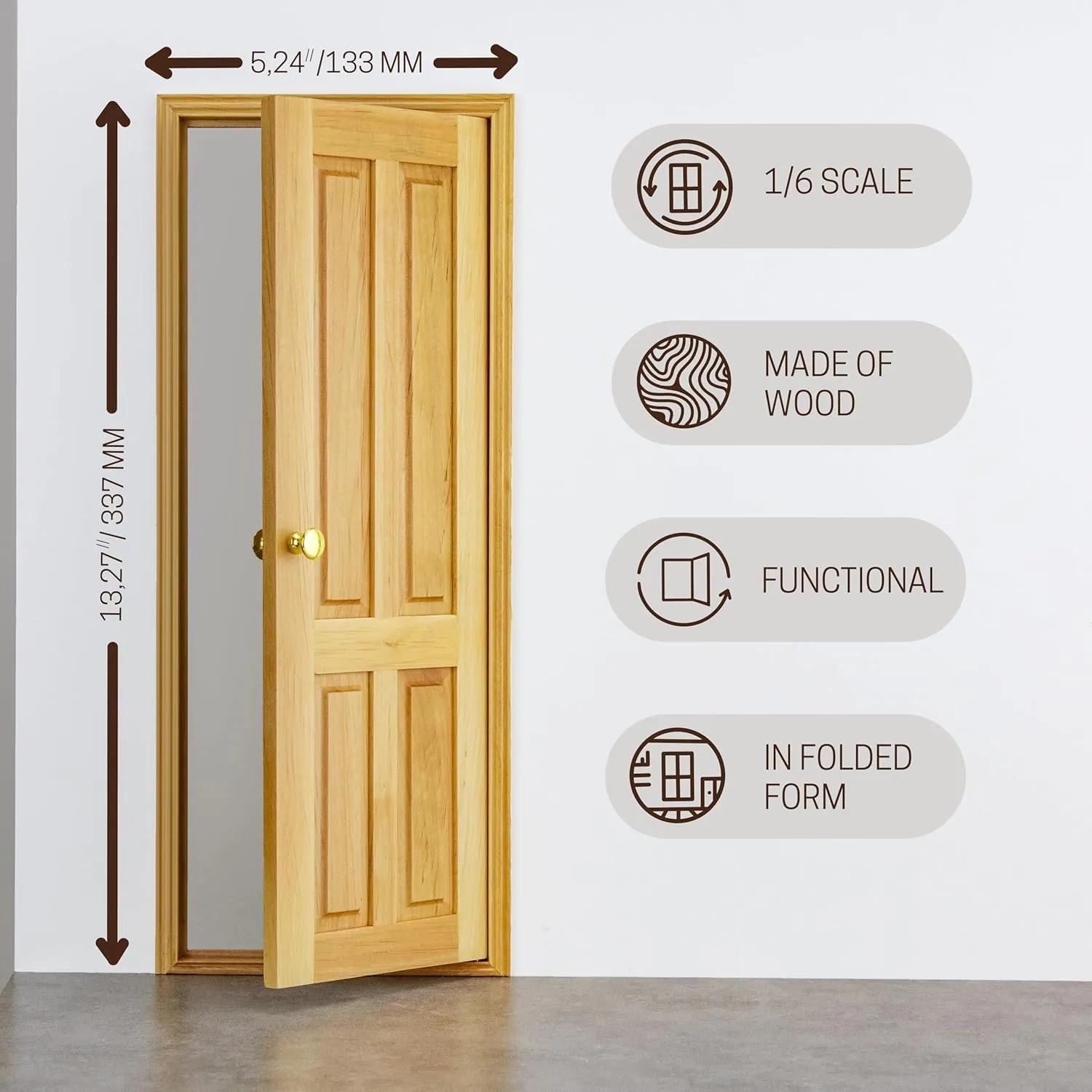 1/6 Scale Wooden Dollhouse 4 Panel Door – 4-Panel Design with Handles – Classic Design – Easy Installation– Multiple Colors Available (Clear Varnished)
