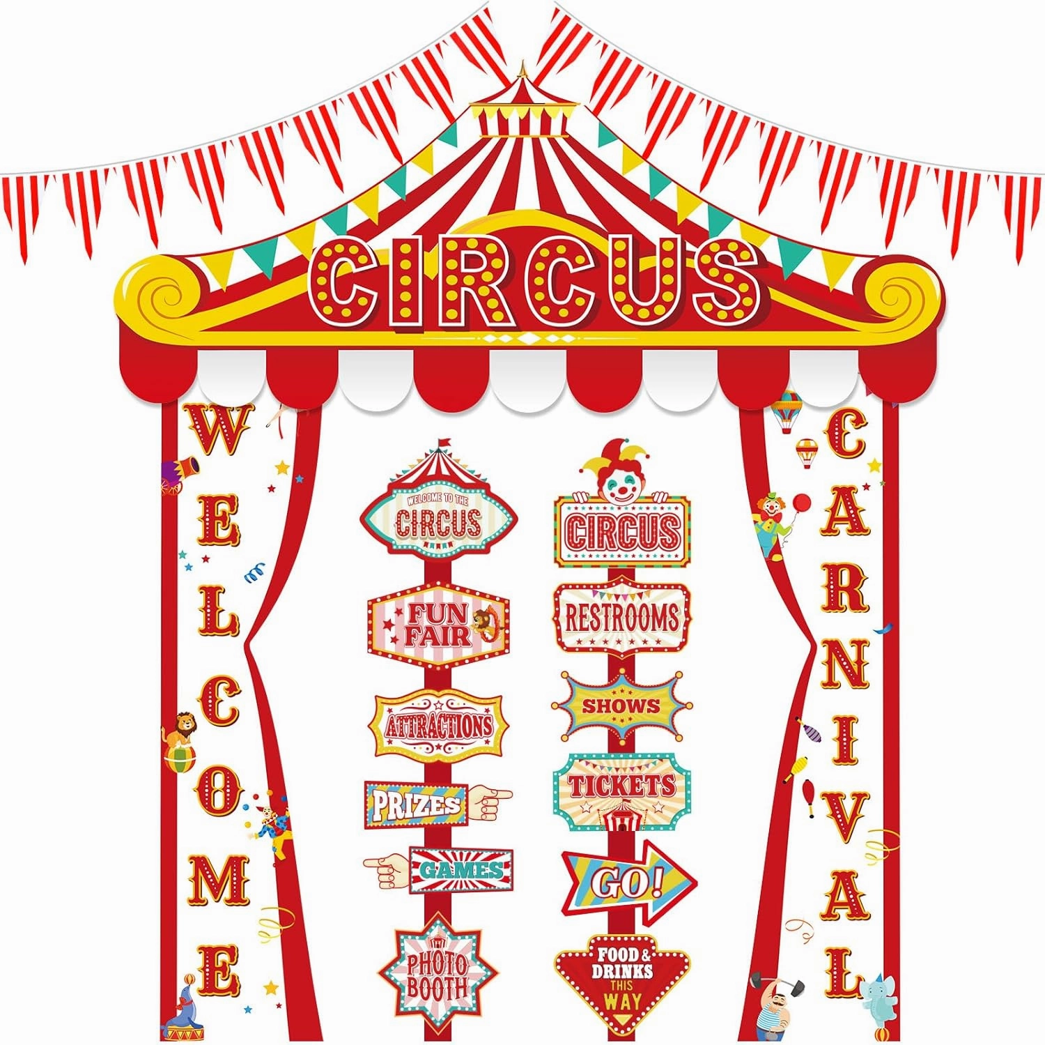 16 Pcs Circus Party Tent Decorations Circus Door Banners Carnival Awning Hanging Banner Clown Directional Signs Welcome Decoration for Carnival Theme Birthday Party Supplies Decor