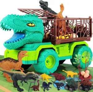 18 in 1 Dinosaur Toys for Kids 3-5, Dinosaur Truck Toys for Kids with 2 Pull Back Cars, 8 Dino Figures, Birthday Party Favors&Christmas Presents for Boys and Girls