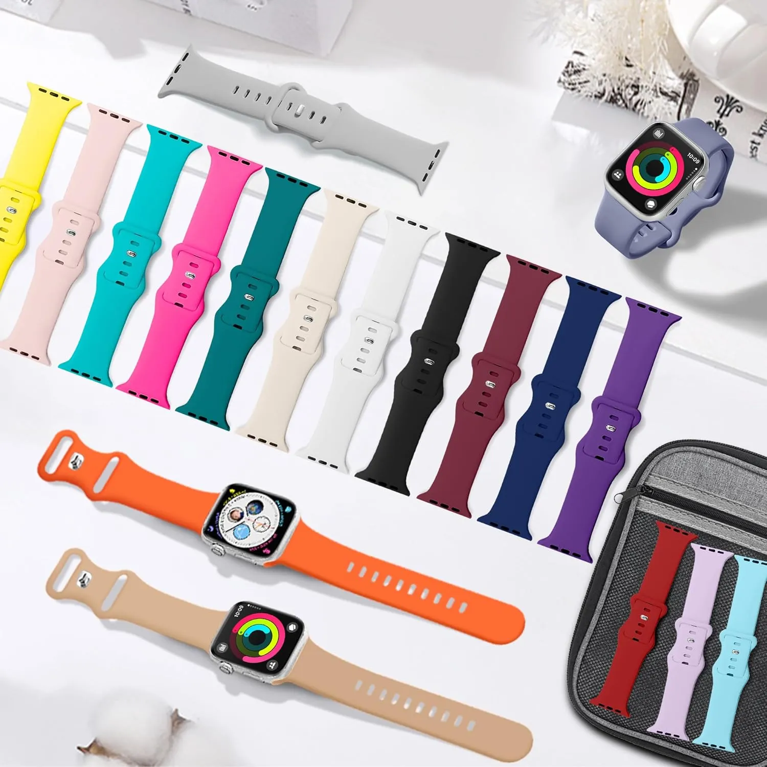 18 Pack Sport Band Compatible with Apple Watch Bands 40mm 41mm 38mm 46mm 45mm 44mm 42mm 49mm for Women Men, Soft Silicone iWatch band with Watch Band Storage Case for iWatch Ultra Series10 9 8 7 6 5 4 3 2 SE