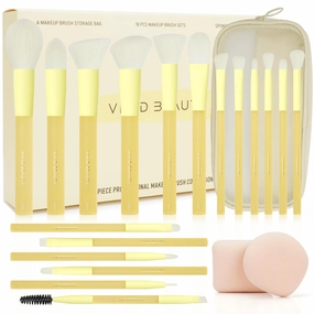 18pcs Colorful Makeup Brush Set with Make up Bag and Sponge Applicators for Liquid Foundation - Professional Cosmetics Tools Blush Blending Blender Brushes Gift Pack (Yellow)