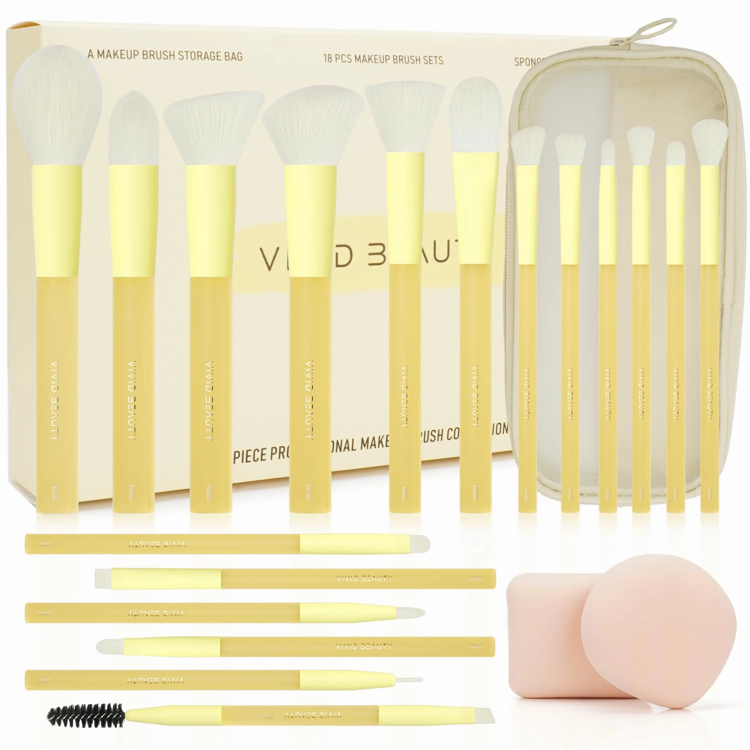 18pcs Colorful Makeup Brush Set with Make up Bag and Sponge Applicators for Liquid Foundation - Professional Cosmetics Tools Blush Blending Blender Brushes Gift Pack (Yellow)