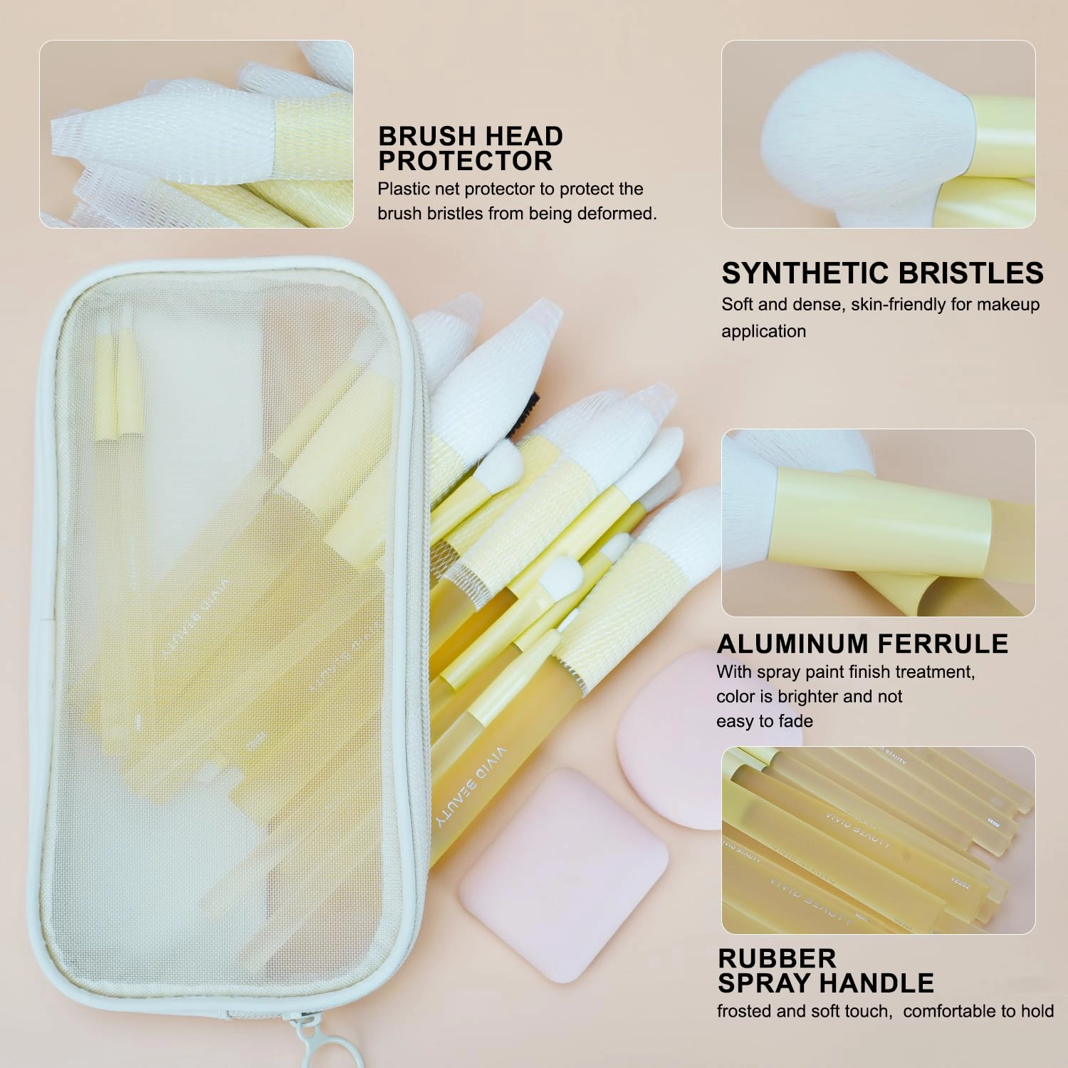 18pcs Colorful Makeup Brush Set with Make up Bag and Sponge Applicators for Liquid Foundation - Professional Cosmetics Tools Blush Blending Blender Brushes Gift Pack (Yellow)
