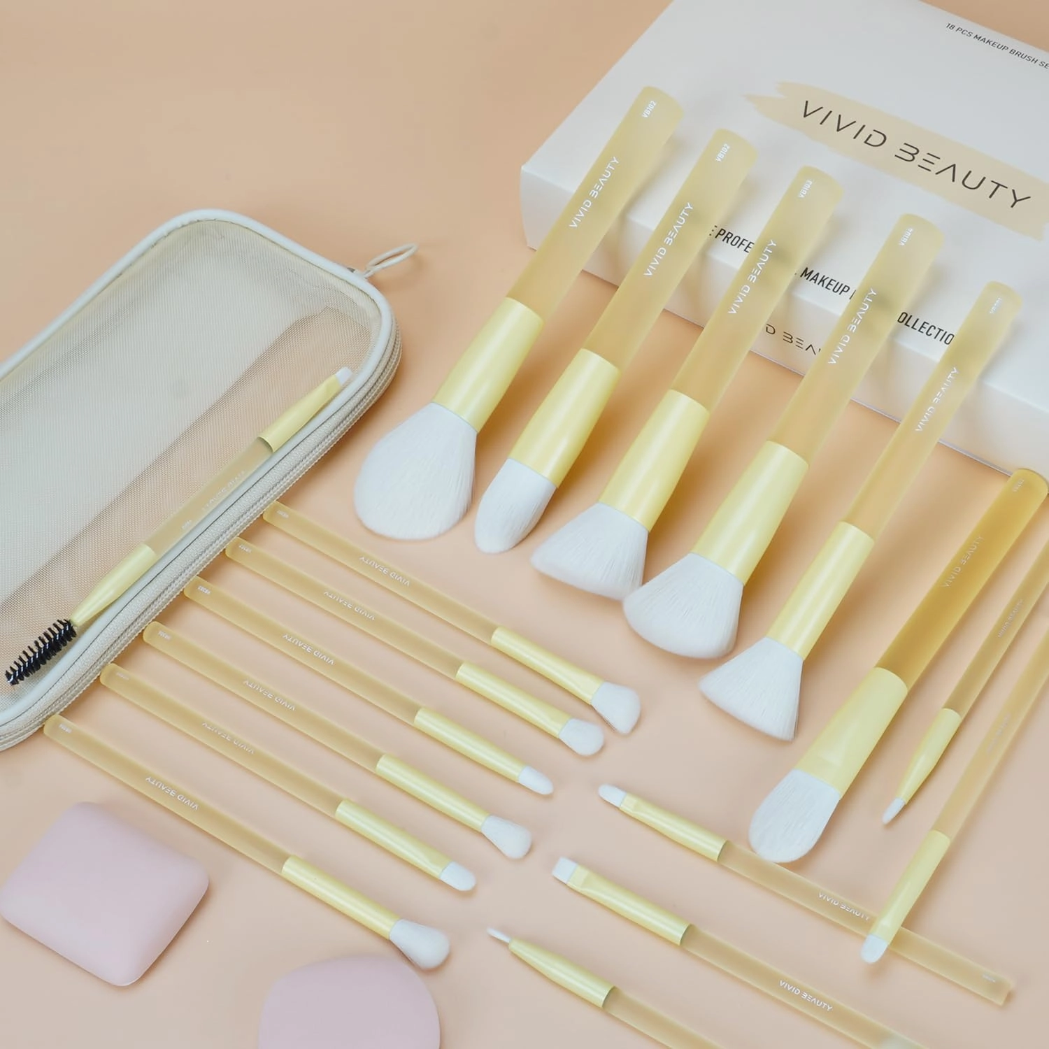 18pcs Colorful Makeup Brush Set with Make up Bag and Sponge Applicators for Liquid Foundation - Professional Cosmetics Tools Blush Blending Blender Brushes Gift Pack (Yellow)