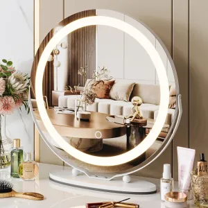 19 Inch Large Vanity Mirror with Lights, 3 Colors Dimmable Round Led Lighted Makeup Mirror for Dressing Room, 360 Degree Rotation with Smart Touch Control, Easy to Assemble(White)