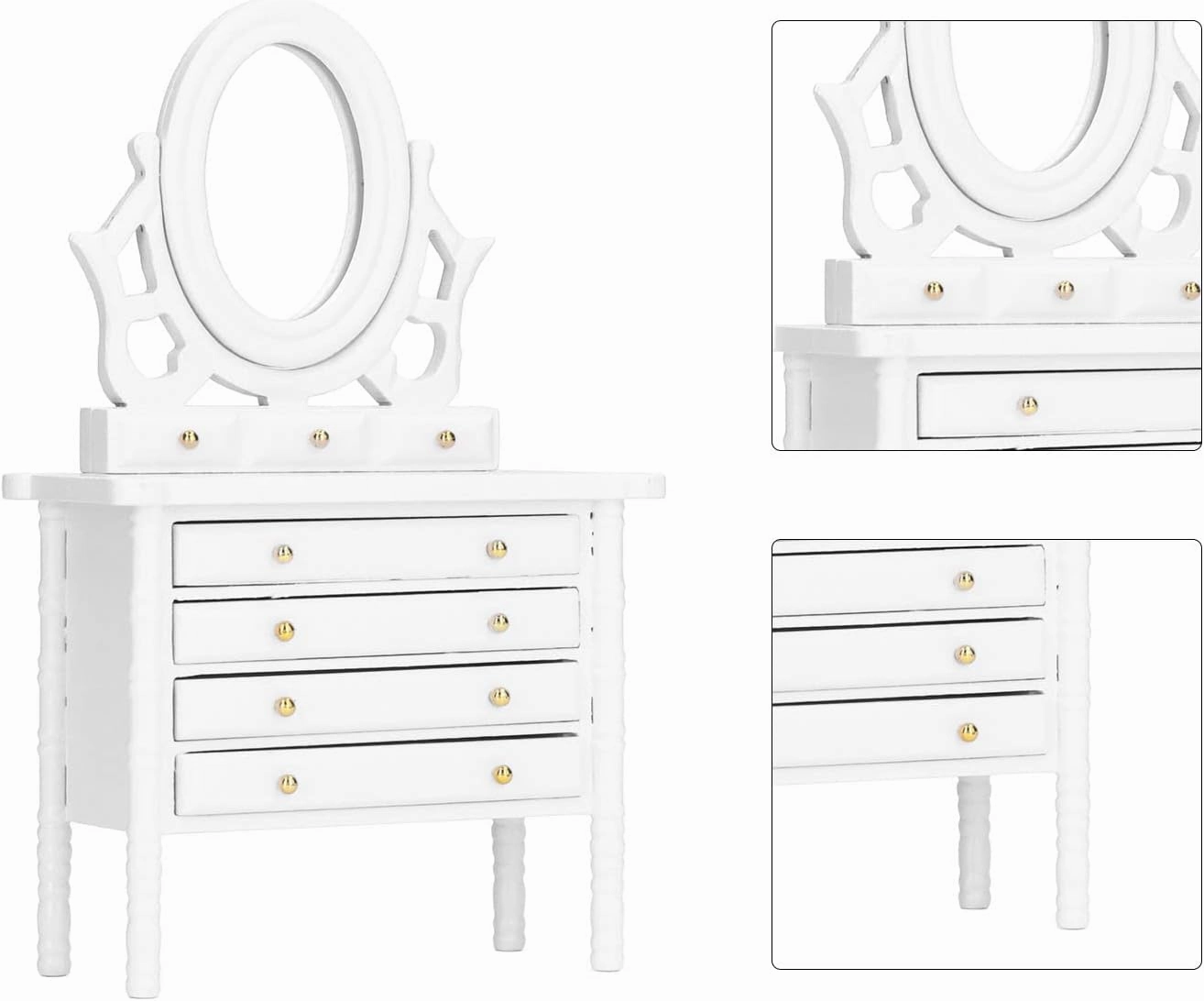 1:12 Scale Dollhouse Toilet Table, Elegant Makeup Miniature Dressing Table with Mirror (White)