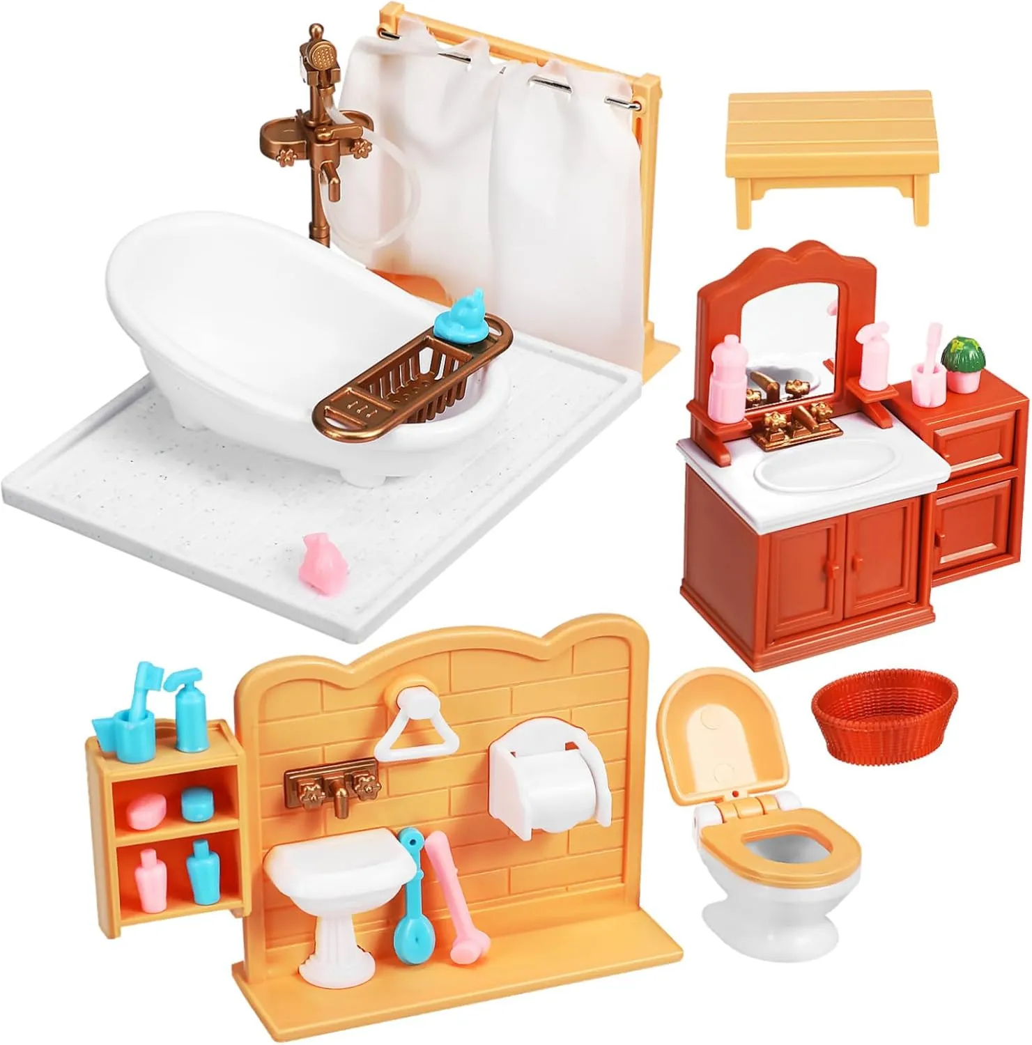 1Set Mini Bathroom Decor Dollhouse Furniture Accessories with Mini Bathtub Sink Cabinet Safe Materials for Imaginative Play Decoration