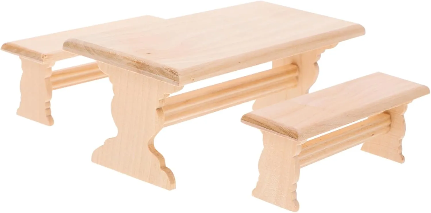 1set Miniature Wooden Table and Bench Dollhouse Natural Dollhouse Furniture Accessories Compact Design for Easy Decoration and Storage and for Boys and Girls