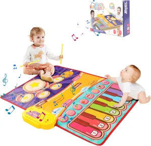 2-in-1 Educational Piano Mat for Toddlers with Carry Bag– 29.5"×23.6" Musical Playmat,Drum Mat,Birthday Gifts for Boys & Girls