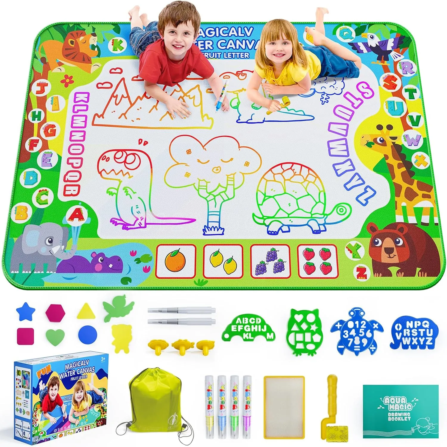 2 in 1 Water Doodle Mat,60 x 40 Inch Extra Large Drawing Mat with Backpack,Hopscotch Rug Design on Back,Educational Toys Gifts for Kids Boys Girls,Mess Free Painting for Toddlers Age 3-12 Year Old