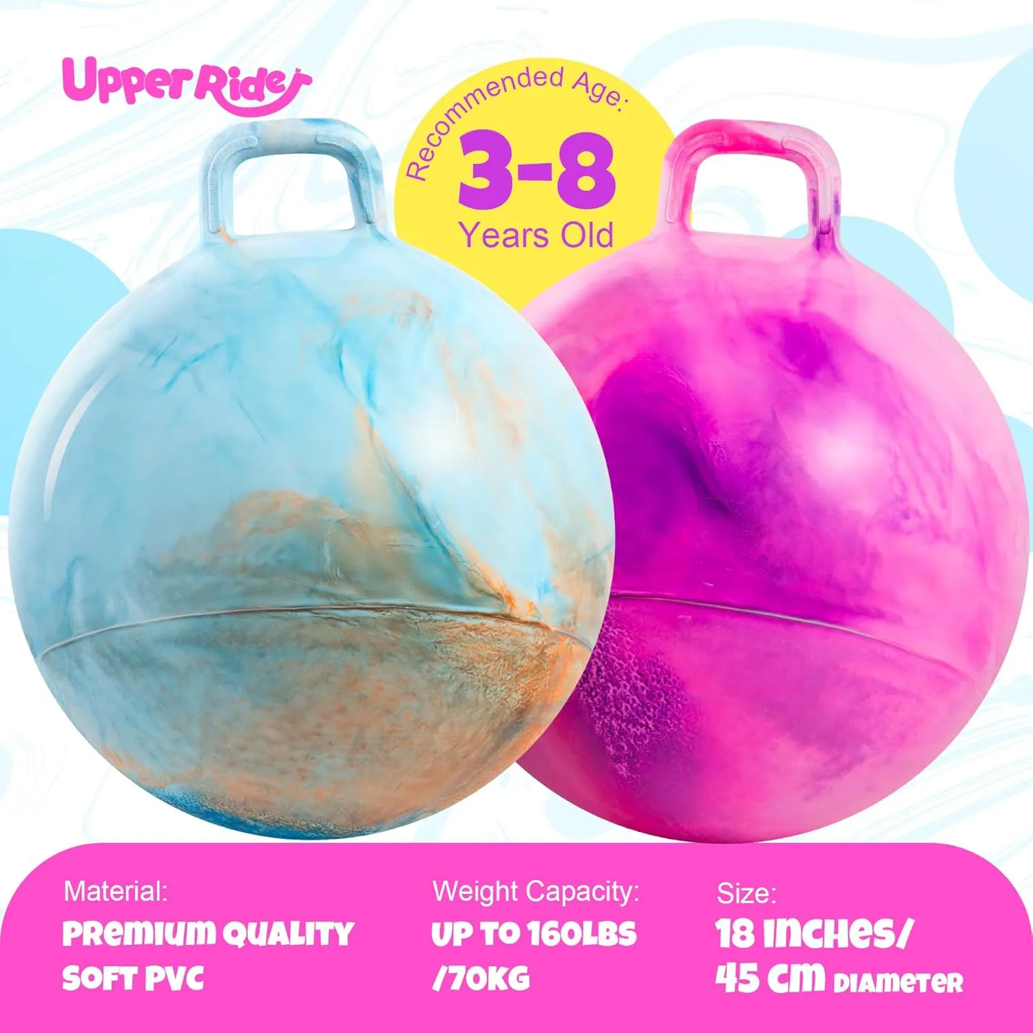 2 Pack Clouds Hopper Ball for Kids, 18 Inch Bouncy Balls with Handle, Inflatable Hopping Toys for Boys and Girls Ages 3-8, Blue & Purple Pink Balls with Pump and Gift Boxes