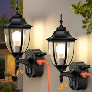 2 Pack Porch Lights with Outlet, Motion Sensor Outdoor Lights, Updated Dusk to Dawn Exterior Lighting Fixtures, Waterproof Anti-Rust Aluminum Outside Lights for House Entryway Garage, Black