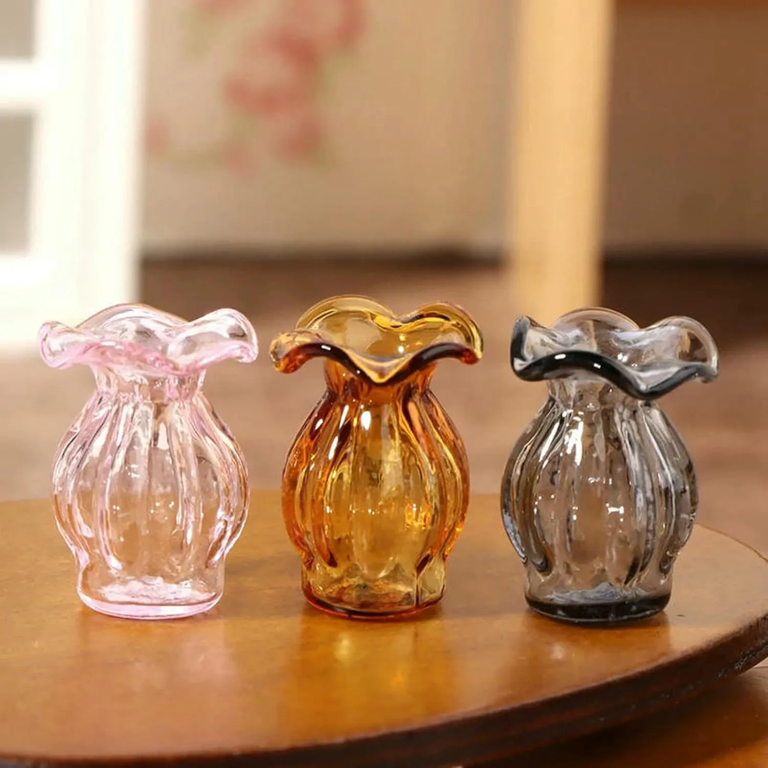 2 Pcs Dollhouse Mini Glass Vase Flower Arrangement Flowerpot Garden Desktop Home Decor Simple Scene Props-Blue
