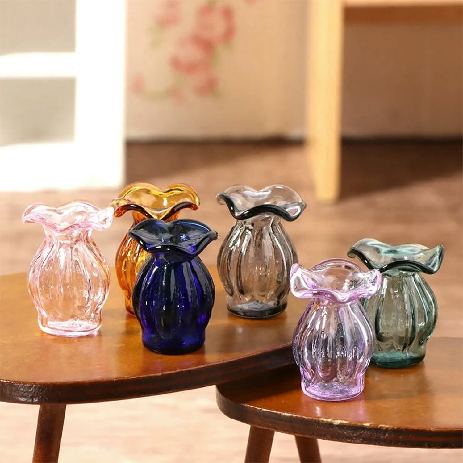 2 Pcs Dollhouse Mini Glass Vase Flower Arrangement Flowerpot Garden Desktop Home Decor Simple Scene Props-Blue
