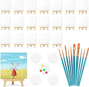 20 Pack Mini Canvases, 6x6in Small Painting Canvas Panel with Mini Easel, Art Canvas Painting Kit with 10 Brushes & 5 Paint Tray for Kids Teenagers Acrylic Pouring Oil Water Color Gift……