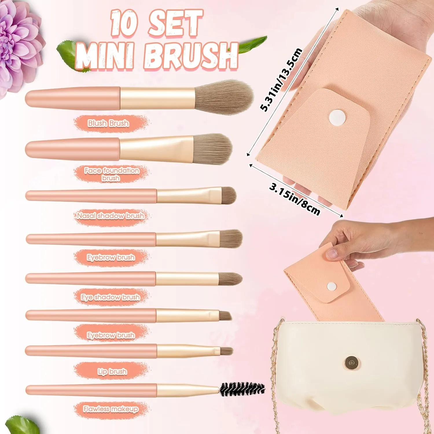 20 Pcs Travel Makeup Brush Set, 10 Pcs Mini Travel Brush Set with Bag, 10 Pcs Makeup Sponge Princess Party Favor Set for Women Girl Home Business Party Souvenirs(Pink)