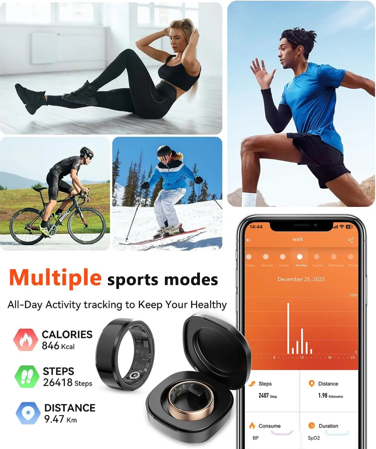 2025 Upgrade Smart Ring Health Tracker for Men Women - IP68 Waterproof Fitness Ring with Sleep Tracker/Heart Rate/Blood Oxygen/Steps/Distance/Calories, Air Shutter, Charging case Up to 7-Day